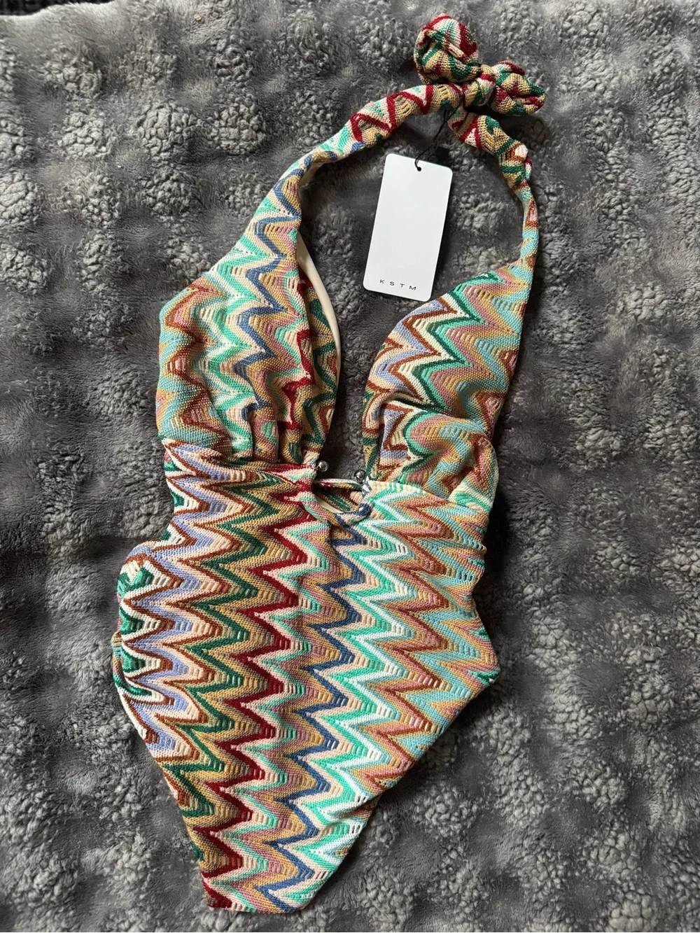 New w/Tags One-Piece Halter Swimsuit in Multicolor Zigzag